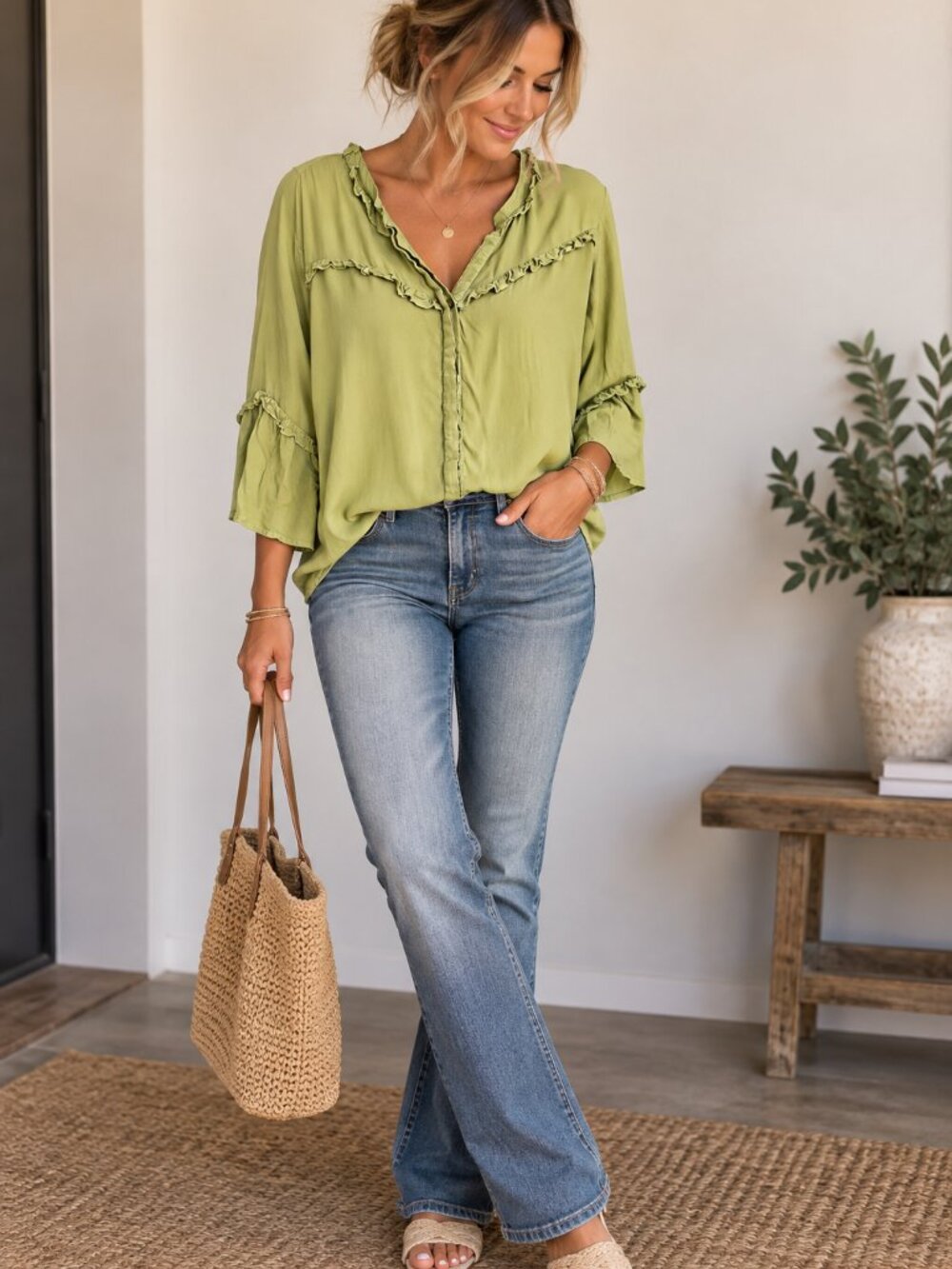 Roper Studio West Lime Green Ruffle Western Blouse Size XL